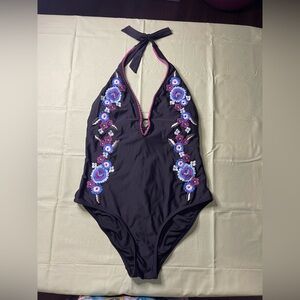 Black Women’s One-Piece halter Swimsuit embroidered flowers by Venus size 12